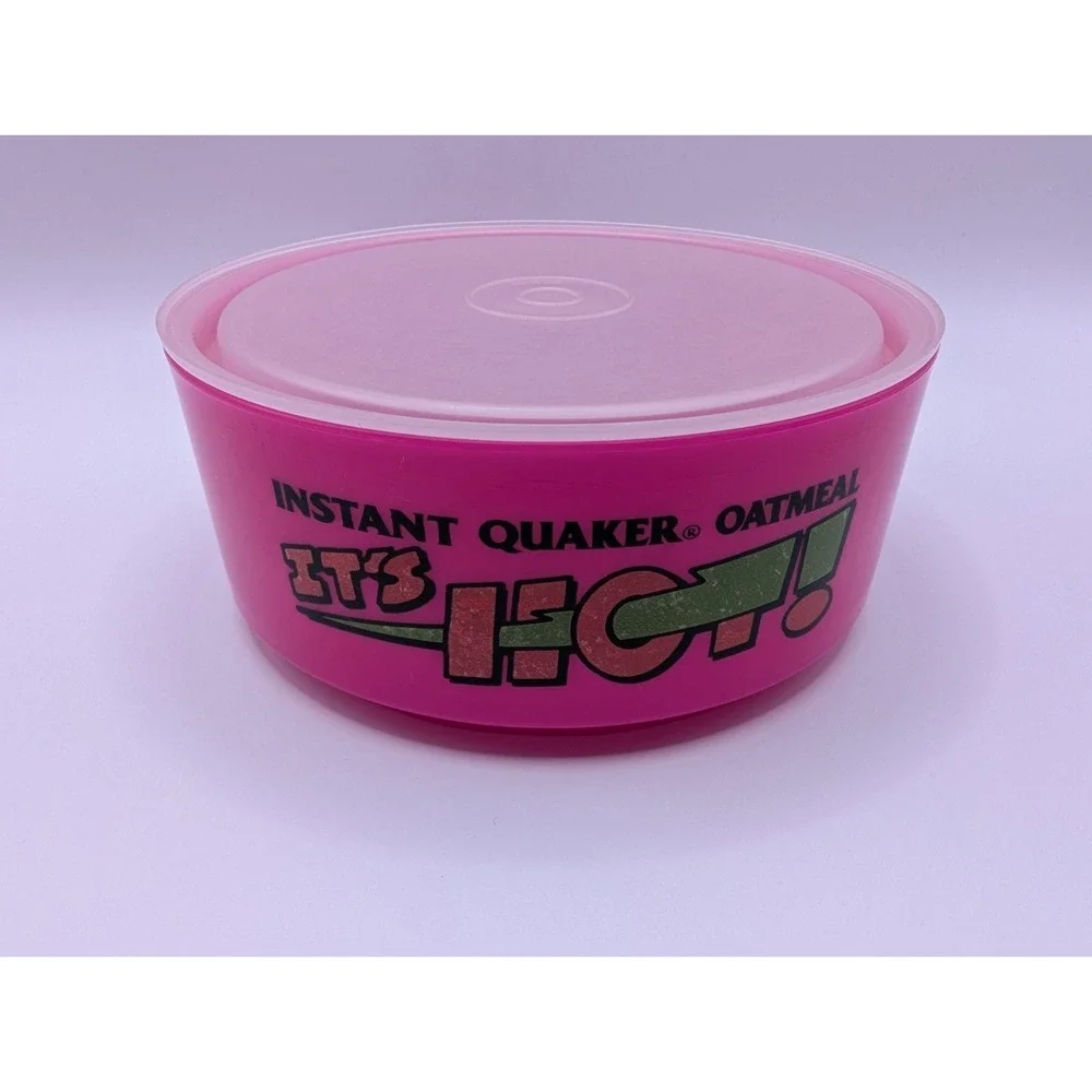 Vintage Instant Quaker Oatmeal It's HOT Pink Plastic Color Bowl 1992 With Lid